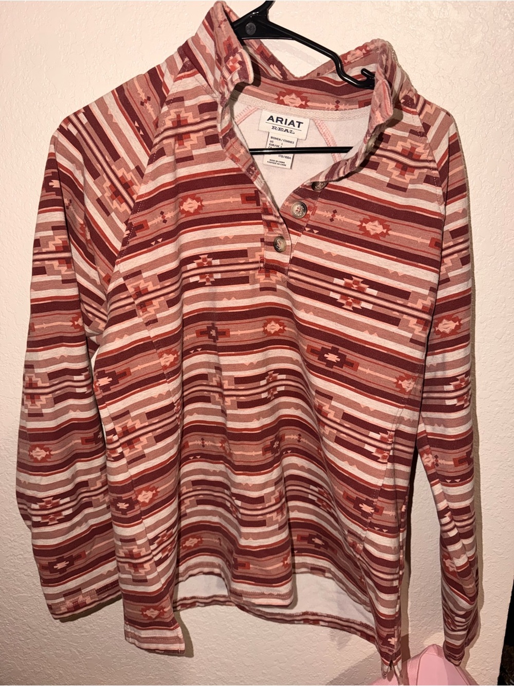 Ariat Striped Henley Pullover in Coral and Cream
